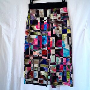 Milly Skirt Womens Sz 2 Workwear Elastic Waist Lined Back Slit Colorful Vibrant